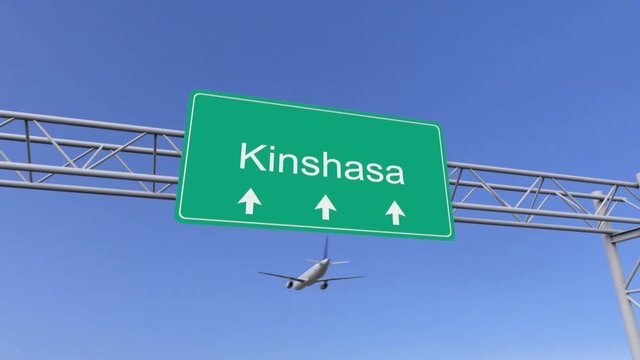 Twin engine commercial airplane arriving to Kinshasa airport. Travelling to Democratic Republic of the Congo conceptual 4K animation