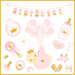 Baby girl shower vector set of design elements. Pink and golden cute collection princess vector Images