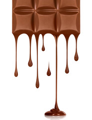 Chocolate dripping from chocolate bar on white background