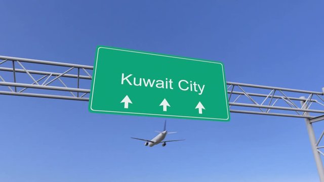 Twin engine commercial airplane arriving to Kuwait City airport. Travelling to Kuwait conceptual 4K animation