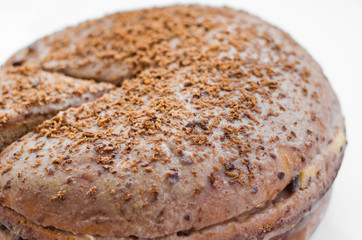 Chocolate cake with chocolate cream on plate, on light background.