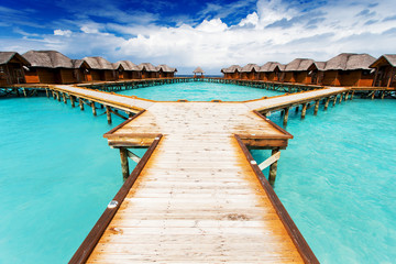 Water bungalows resort at islands. Indian Ocean, Maldives
