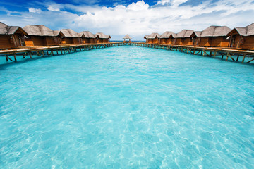 Water bungalows resort at islands. Indian Ocean, Maldives
