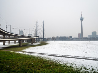 Duesseldorf View of Rheinknie Bridge in Snow Landscape