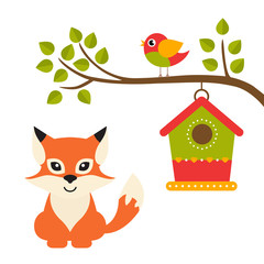 cartoon bird with birdhouse on a branch and fox
