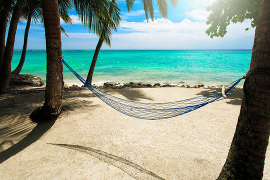 Empty Net Hammock At Tropical Beach Resort Island