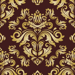 Seamless damask pattern. Traditional classic orient ornament. Brown and golden pattern