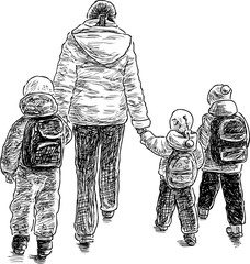 mother with her kids on a walk
