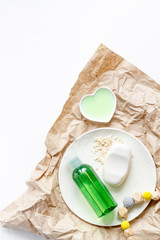 natural organic cosmetics for baby on white background top view