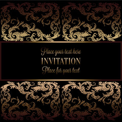 Abstract background with antique, luxury black and gold vintage frame, victorian banner, damask floral wallpaper ornaments, invitation card, baroque style booklet, fashion pattern, template for design