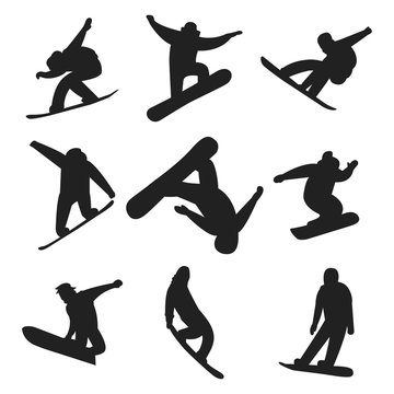 Snowboarder jump in different pose silhouette people vector.