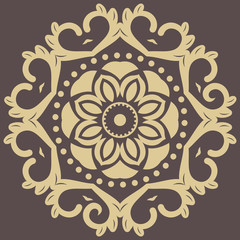 Oriental rpund pattern with arabesques and floral elements. Traditional classic ornament. Brown and golden pattern