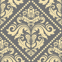 Seamless damask pattern. Traditional classic orient ornament. Gray and golden pattern