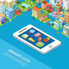 Flat isometric buildings phone Smart city app vector 3d Mobile