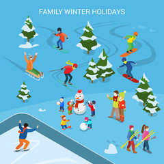 Flat adult children snowman vector. Family Winter holidays