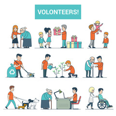 Linear Flat volunteer to disabled people vector Dog walking, babysitting Volunteering concept.
