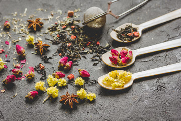 Herbs and spoons on grey background