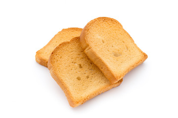 Slices of toast bread on wooden table, top view.