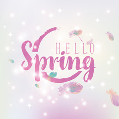 hello spring inscription on an abstract background with highlights and feathers