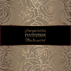 Abstract background with roses, luxury beige and gold vintage frame, victorian banner, damask floral wallpaper ornaments, invitation card, baroque style booklet, fashion pattern, template for design