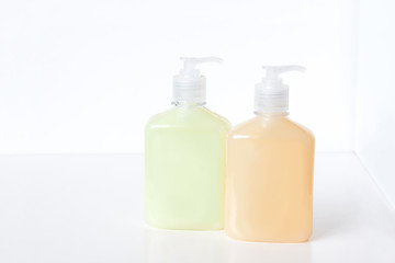 Herbal and vanilla extract liquid cream soap. Cosmetics bottles mock ups 