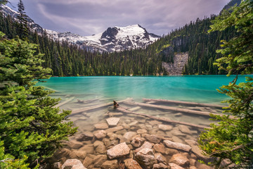 middle joffre lake, second of three turquoise colored, glacier fed lakes on a spectacular hike in the wilderness of British Columbia, Canada