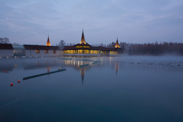 Fototapeta premium Heviz lake at night in Hungary at winter