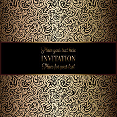 Abstract background with antique, luxury black and gold vintage frame, victorian banner, damask floral wallpaper ornaments, invitation card, baroque style booklet, fashion pattern, template for design