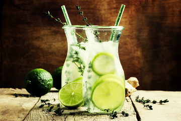 Lime Lemonade with thyme, ginger and ice. Vintage wooden backgro