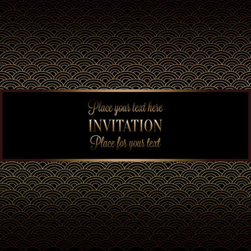 Abstract Background With Antique, Luxury Black And Gold Vintage Frame, Victorian Banner, Damask Floral Wallpaper Ornaments, Invitation Card, Baroque Style Booklet, Fashion Pattern, Template For Design