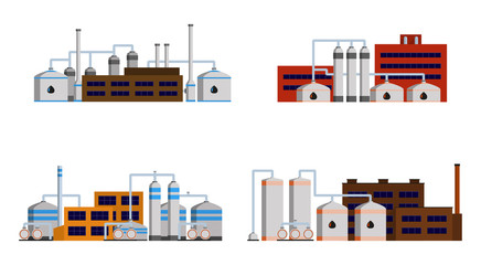 Oil refinery industry building. Set of petrochemical factories. Vector illustration.
