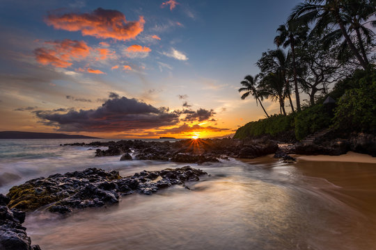Hawaiian paradise at sunset. photo taken from Secret cove on the tropical island of Maui.