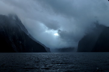 Fiord Milford Sound at sunset and with clouds, South Island, New Zealand