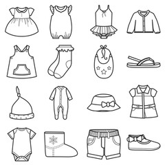 Baby clothes icons set.Clothing for girl.