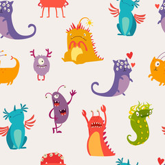 Monsters seamless pattern vector illustration. Doodle pattern with happy cheerful creature cyclops. Vivid fabulous incredible creatures. Monsters with lot of eyes and wings