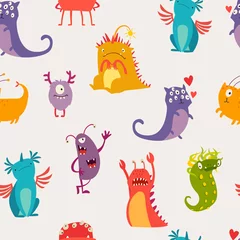 Wall murals Monsters Monsters seamless pattern vector illustration. Doodle pattern with happy cheerful creature cyclops. Vivid fabulous incredible creatures. Monsters with lot of eyes and wings