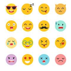 Emoticons vector set. Emoji icons, yellow circle illustration. Cute funny emoji. Emoji big set flat cartoon style. Isolated on white background