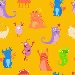 Monsters seamless pattern vector illustration. Doodle pattern with happy cheerful creature cyclops. Vivid fabulous incredible creatures. Monsters with lot of eyes and wings