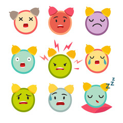 Emoticons angry alarm clock vector set. Cute funny stickers. Emoji  flat cartoon style. Isolated on white background
