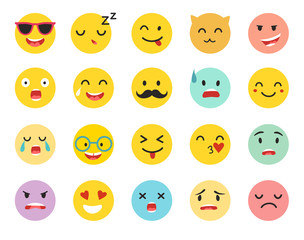 Emoticons vector set. Emoji icons, yellow circle illustration. Cute funny emoji. Emoji big set flat cartoon style. Isolated on white background