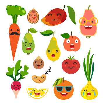 Emoticons food vector set. Cute funny stickers. Emoji fruits and vegetables flat cartoon style. Isolated on white background