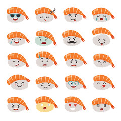 Sashimi emoji vector set. Emoji sushi with faces icons. Sushi roll funny stickers. Food, cartoon style. Vector illustration isolated on white background