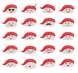 Sashimi emoji vector set. Emoji sushi with faces icons. Sushi roll funny stickers. Food, cartoon style. Vector illustration isolated on white background