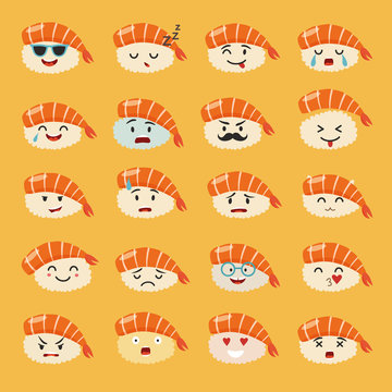 Sashimi emoji vector set. Emoji sushi with faces icons. Sushi roll funny stickers. Food, cartoon style. Vector illustration isolated on yellow background