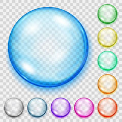 Set of transparent colored spheres with shadows. Transparency only in vector file