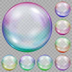 Set of multicolored transparent soap bubbles. Transparency only in vector file