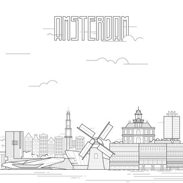 Amsterdam city with iconic buildings. Line art flat design. Vector illustration.
