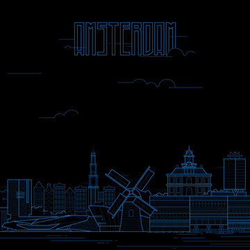 Amsterdam city with iconic buildings. Line art flat design. Vector illustration.