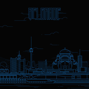 Belgrade city with iconic buildings. Line art flat design. Vector illustration.