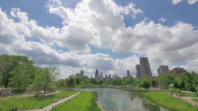 Chicago Skyline from Lincoln Park.
Video lapse process of clouds crossing the skyscrapers of Chicago.
Panoramic view of the cityscape  from Lincoln Park Zoo in Spring.
